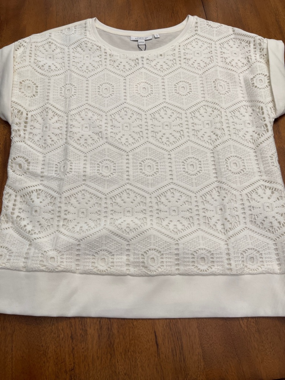 NWT Chico’s Crochet-Panel Ecru Short Sleeve Top Sz 1 (Med)
